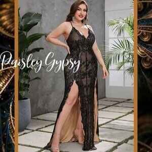 Formal Double Split Low Cut Neckline Premium Lace Gown